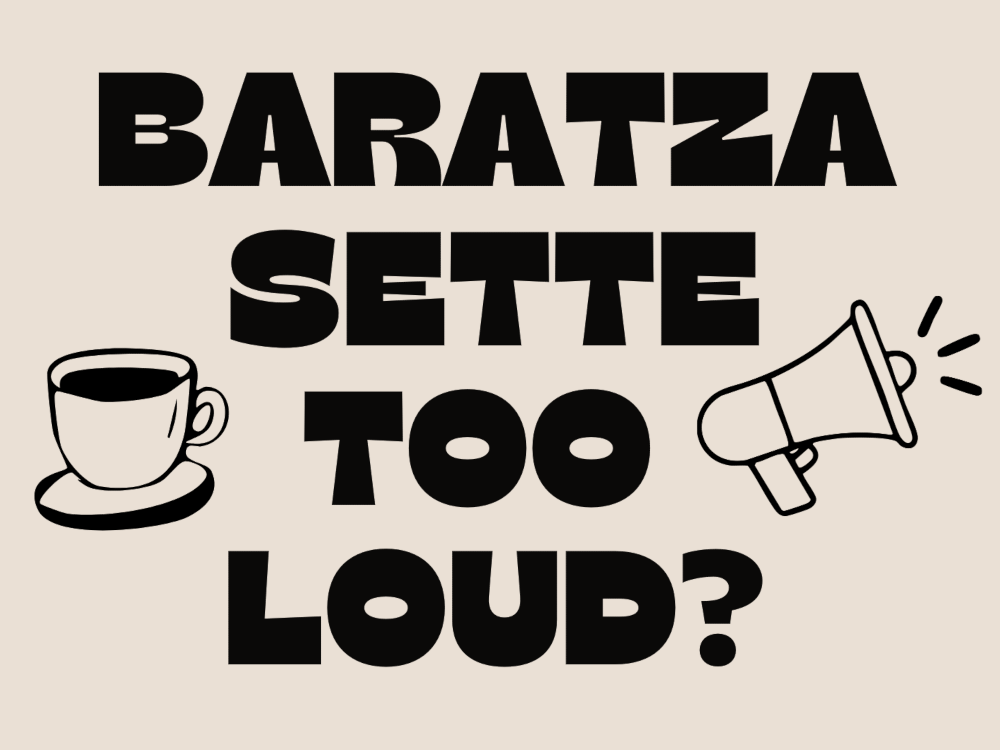 Graphic with text reading Baratza Sette Too Loud alongside a coffee cup icon and a megaphone illustration