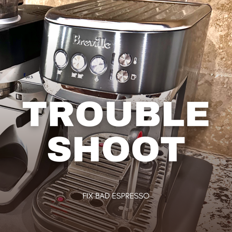 Breville Bambino Plus espresso machine with troubleshoot text overlay
