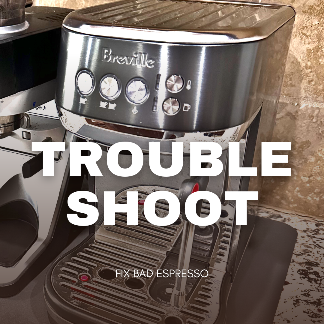 Breville Bambino Plus espresso machine with troubleshoot text overlay