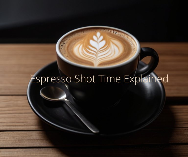 Cup of latte with leaf latte art on a wooden table with text overlay reading Espresso Shot Time Explained
