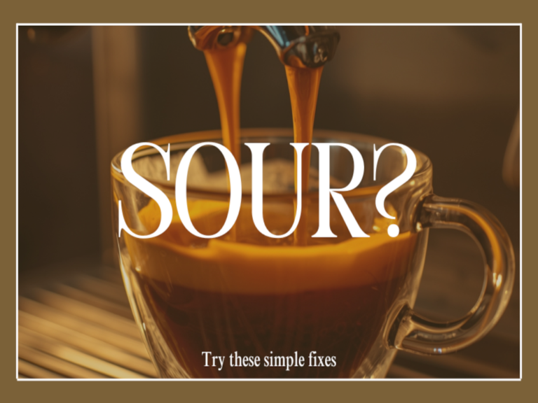 Close-up of espresso pouring into a glass cup with the word “SOUR?” and text saying “Try these simple fixes.”