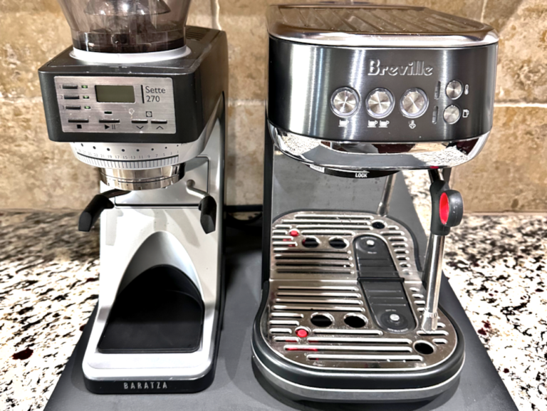 Breville Bambino Plus espresso machine and Baratza Sette 270 grinder on a kitchen counter