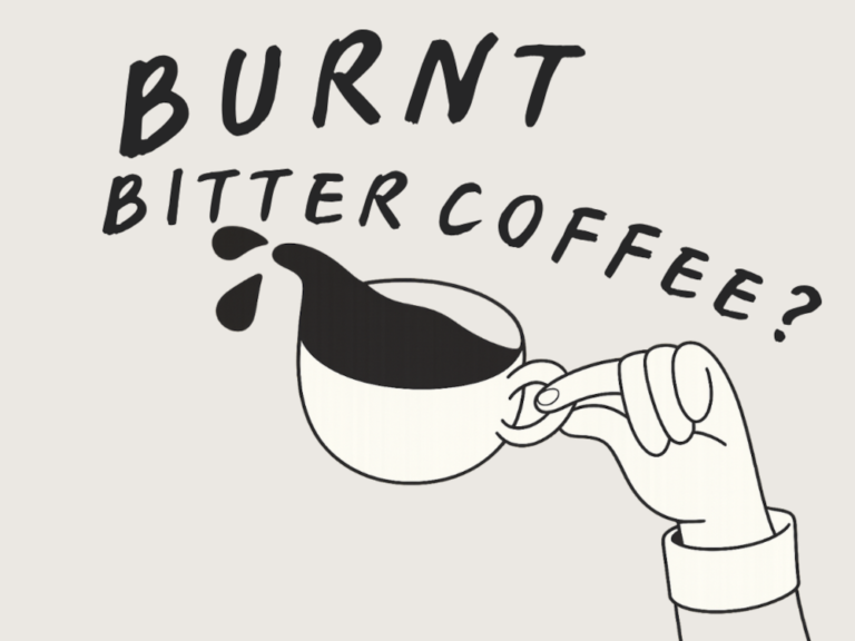Stylized illustration of a hand holding a tilted coffee cup spilling dark liquid with bold text “BURNT BITTER COFFEE?”