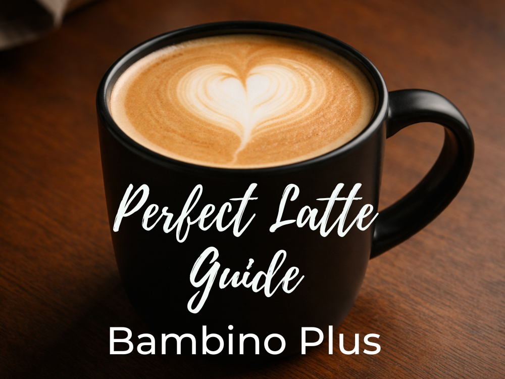 Perfect latte with heart latte art in a black mug for a Bambino Plus brewing guide