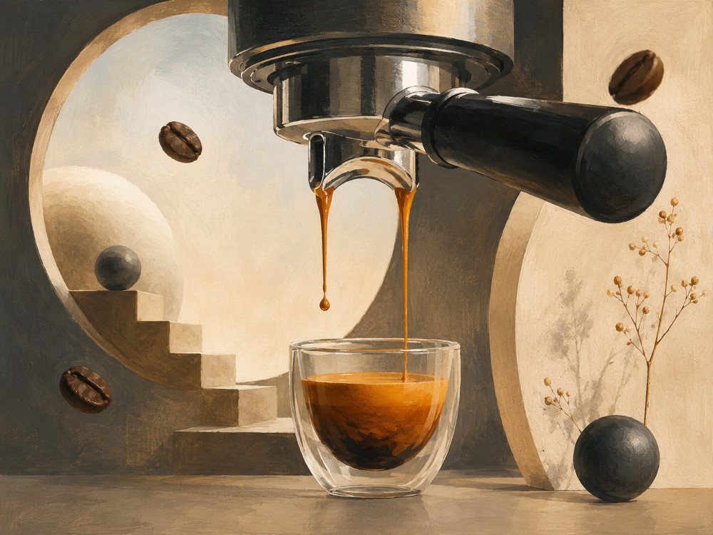 Minimalist surreal illustration of espresso flowing from a portafilter into a glass with floating coffee beans and geometric architectural shapes, representing beginner espresso techniques.
