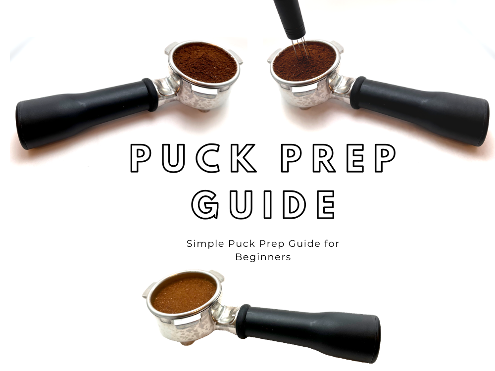 A set of three espresso portafilters showing the puck prep process: loose grounds, grounds being distributed with a WDT tool, and a tamped, level coffee puck.